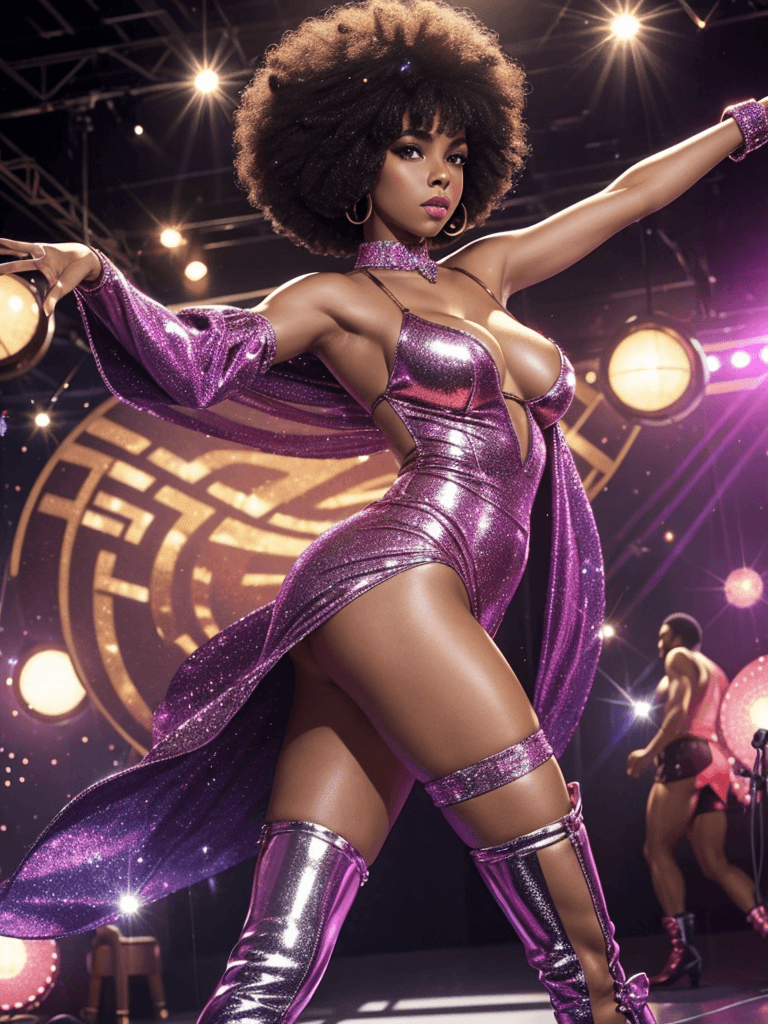 AI generated: Young, beautiful African woman with Afro haircut in the 70s, erotic disco outfit, 70s style, shiny, ...