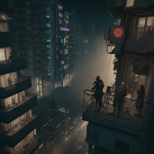 AI generated: ((best quality, masterpiece, RAW photo, digital drawing, cyberpunk style )), high angle shot from ab...