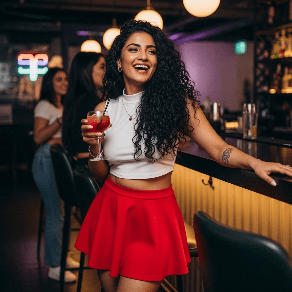 AI generated: curvy indian wearing mini skirt, bar