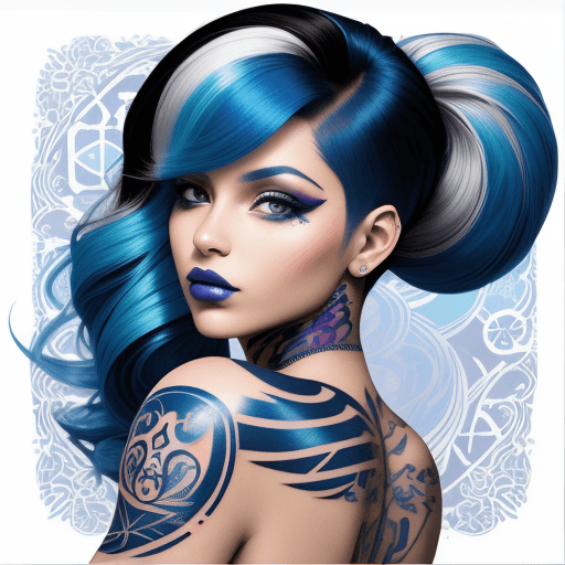 AI generated: beauty beauty model tattoo designs by karimah, hair coloring for a woman, in the style of silkscreen...