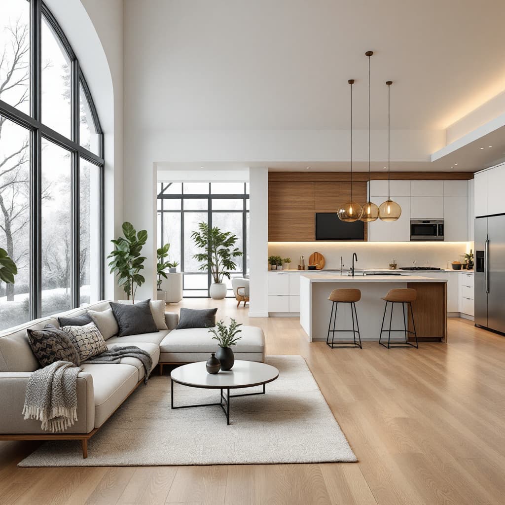 AI generated: A modern and stylish open-concept living room and kitchen with a warm, inviting atmosphere. The livi...