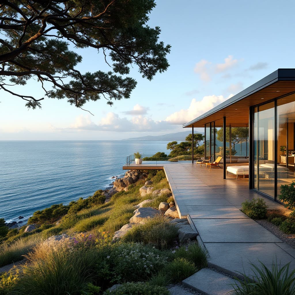 AI generated: Hyper realistic eye level exterior photo of a mid century modern style house overlooking the ocean, ...