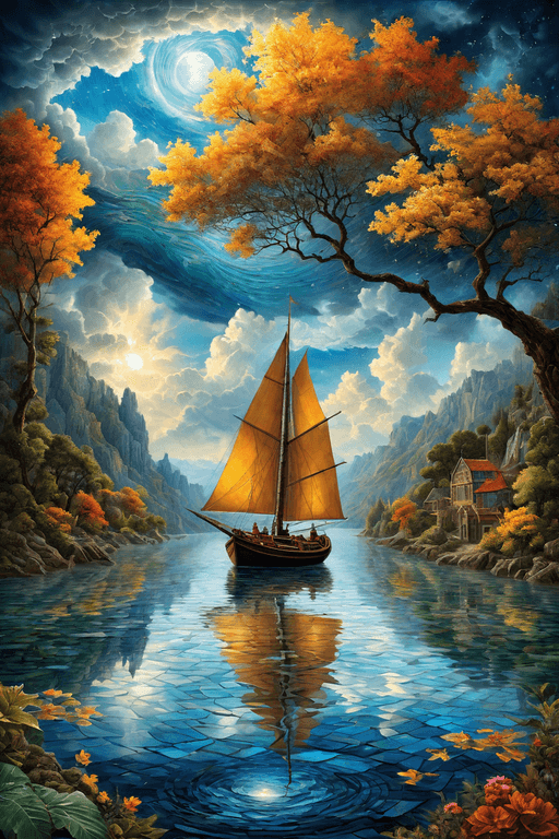 AI generated: AlDeeb AlDeeb madness 🎨,  art on a cracked paper, mosaic, Double exposure, Boat gently bobbing on c...