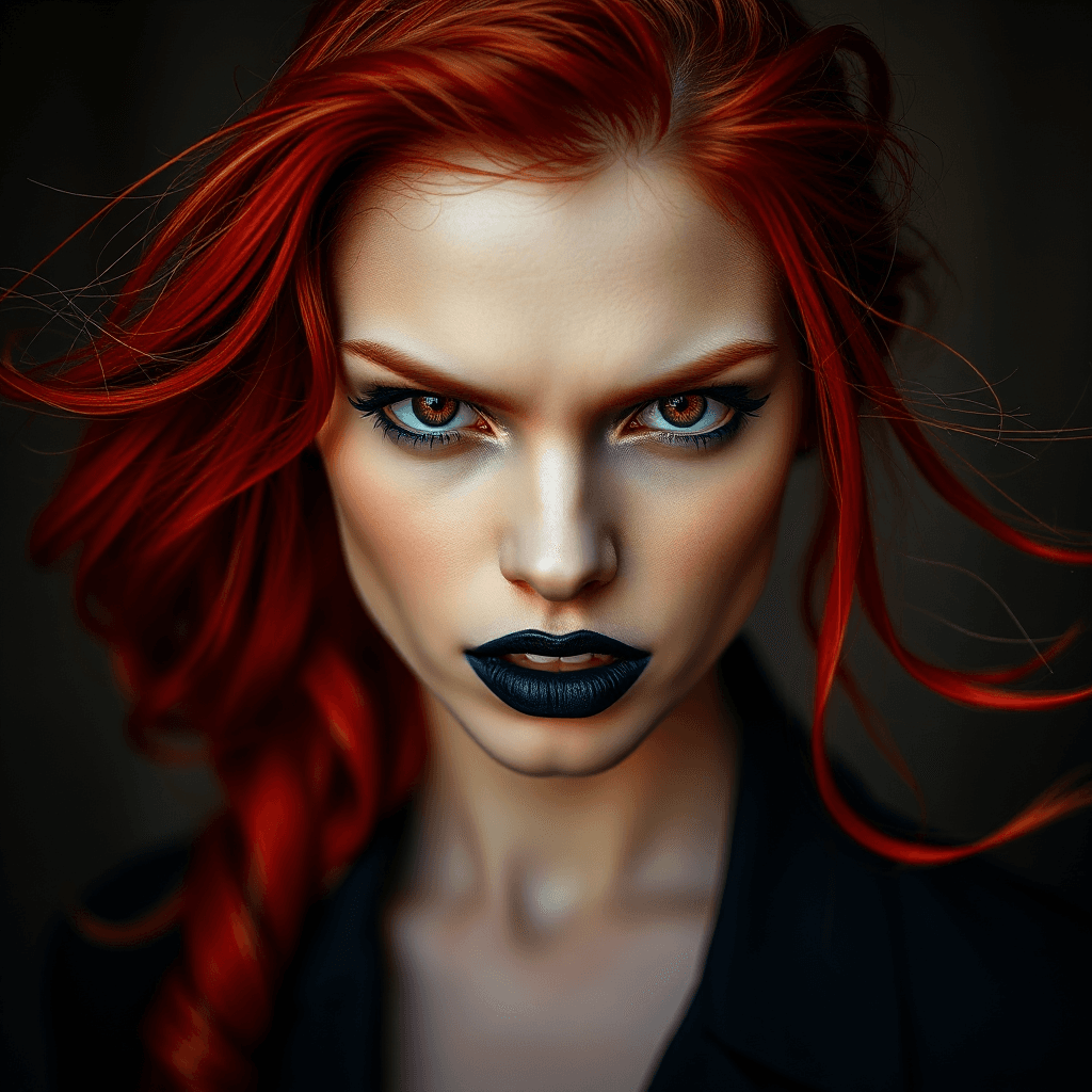 AI generated: "Highly detailed Portrait of a beautiful angry girl with red hair and sharp eyes, black lips, 35 mm,...