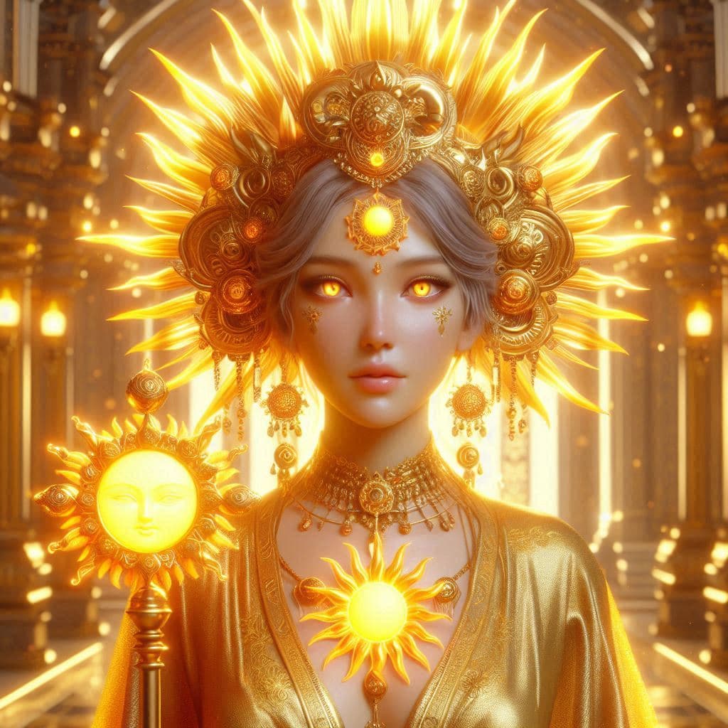 AI generated: A hyper-realistic 3D character of a radiant priestess, her skin glowing with the warmth of the sun. ...
