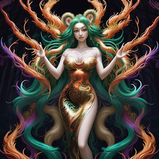 AI generated: In this hyper-maximalist masterpiece, a breathtaking image of the ultimate (nine-tailed fox girl) un...