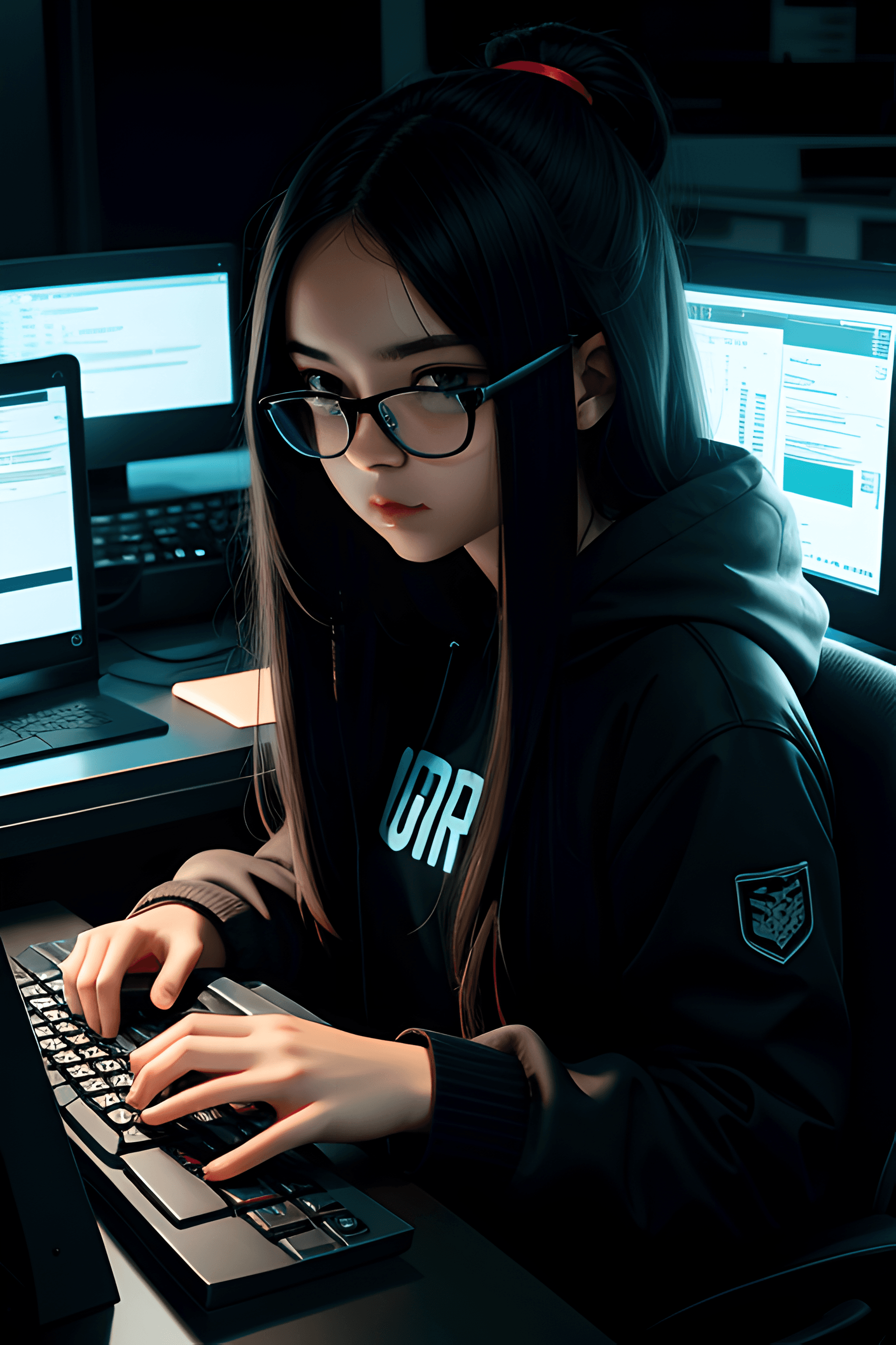 AI generated: hacker, dark room, code, computer, girl, long hair, cool, cute, (typing), ultradetailed, detailed fa...