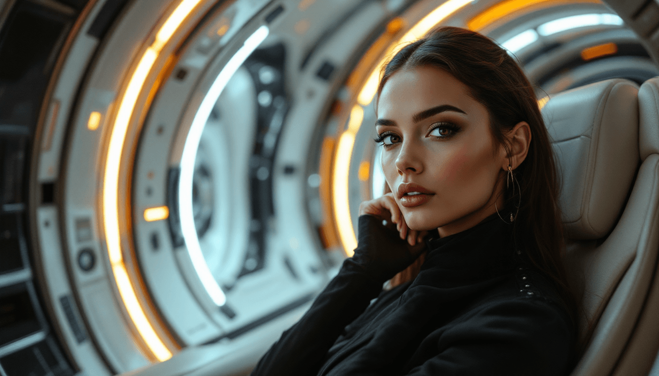 AI generated: "Uma mulher deslumbrante eslava, de beleza imponente e traços marcantes, está em uma cabine futurist...