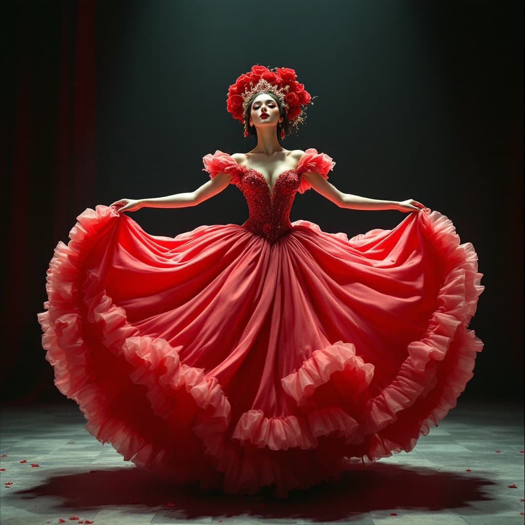AI generated: woman, diesney princess big puffy gown, attractive, valentine, red, handdoll, Iranian, dancing, thea...