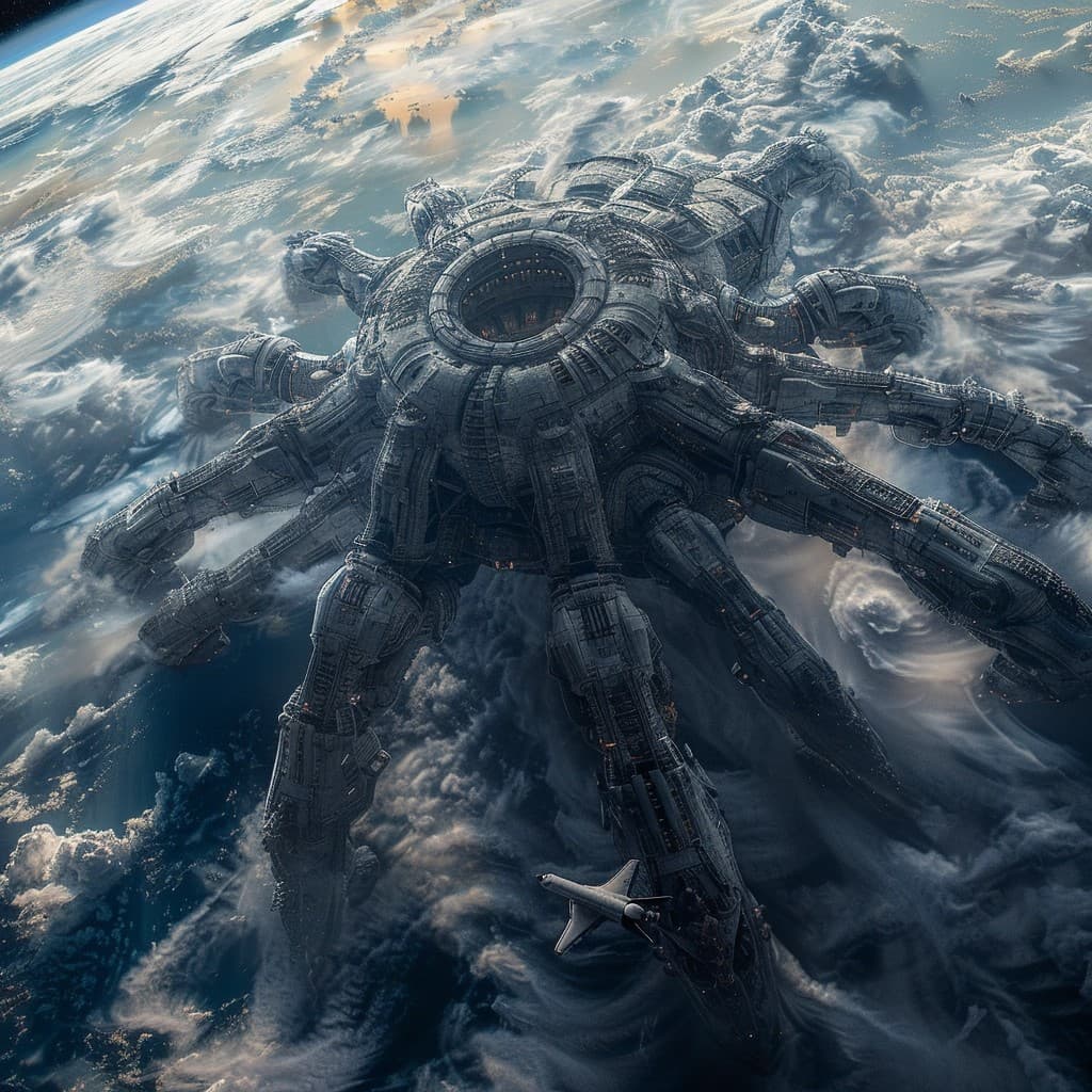 AI generated: A massive spiderlike alien space ship orbits the earth, a space shuttle is tiny next to is and is co...