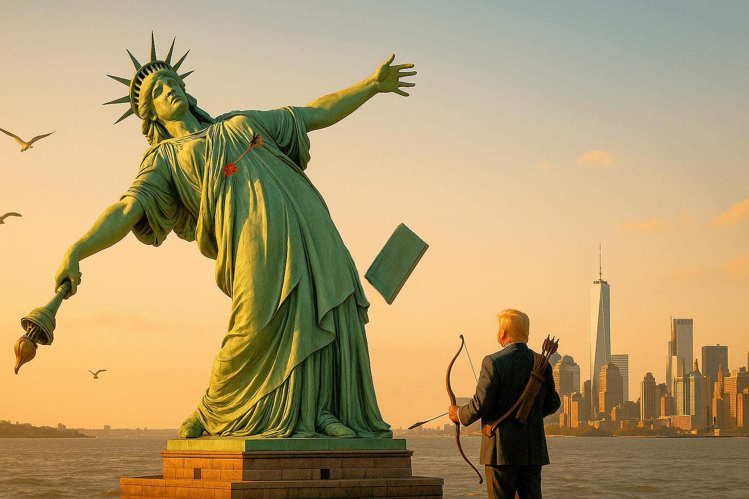 AI generated: Create a political satire of a majestic, towering statue of the Statue of Liberty (image 1), the Sta...