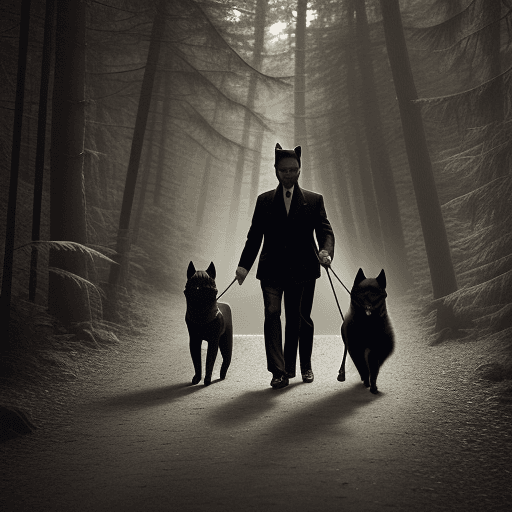 AI generated: A schipperke with his master and mistress walking in the forest