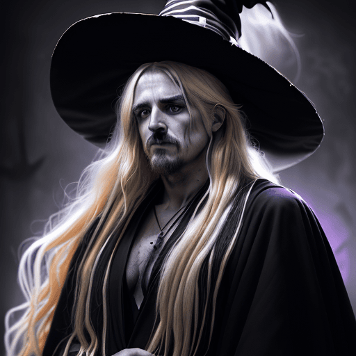 AI generated: A surprised man with long, messy blonde hair dressed as a witch with a hat, wearing a black robe wit...