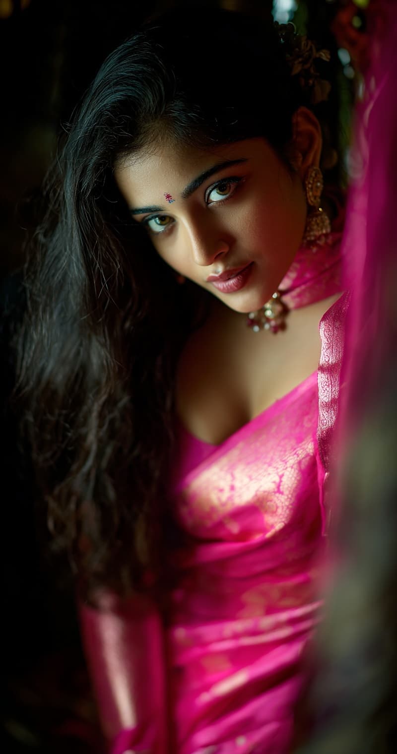 AI generated: A plus curvy, vulpturous breathtakingly beautiful indian woman, with long black hair, wearing a pink...