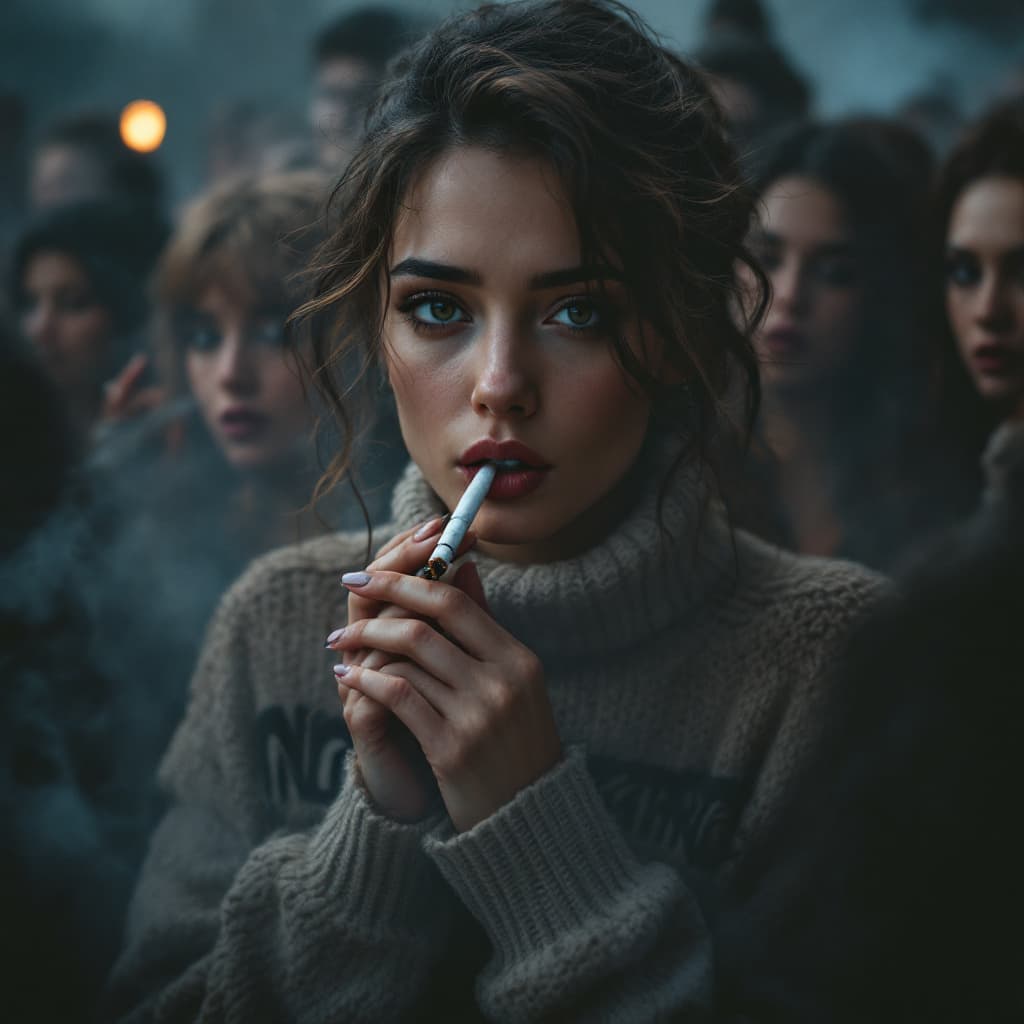 AI generated: photo of a pertty female with cigarette in her mouth,wearing knitted sweater with text "NO SMOKING"....