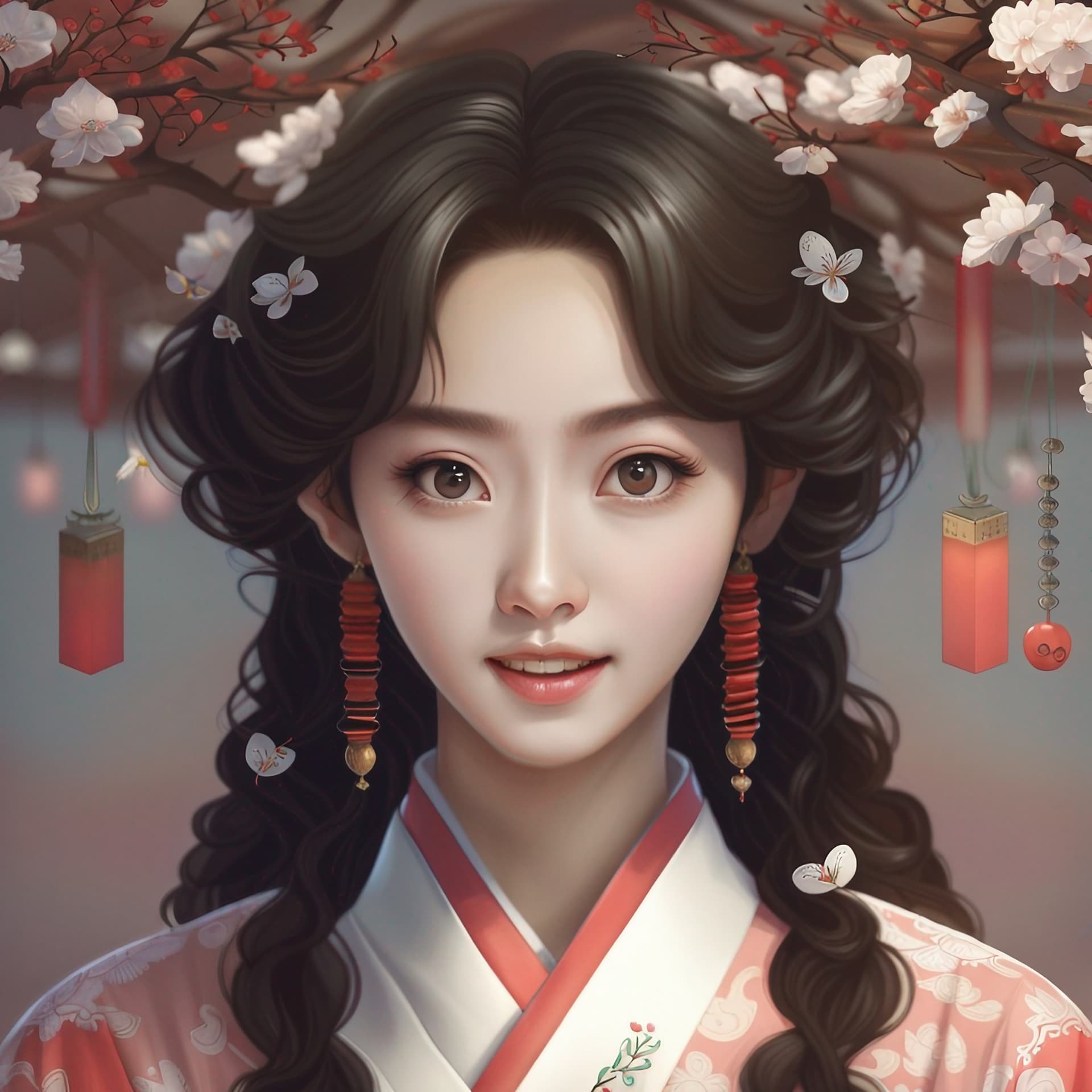 AI generated: exaggeratedly huge eyes,korean idol,highly complex,UHD 64k,korean beauty,korean tradition dress,smil...