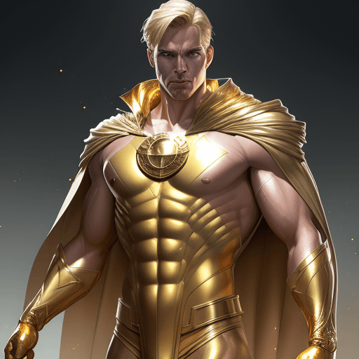 AI generated: male super hero named champion blond hair, no symbol, skin tight gold suit, golden cape, gold gloves...