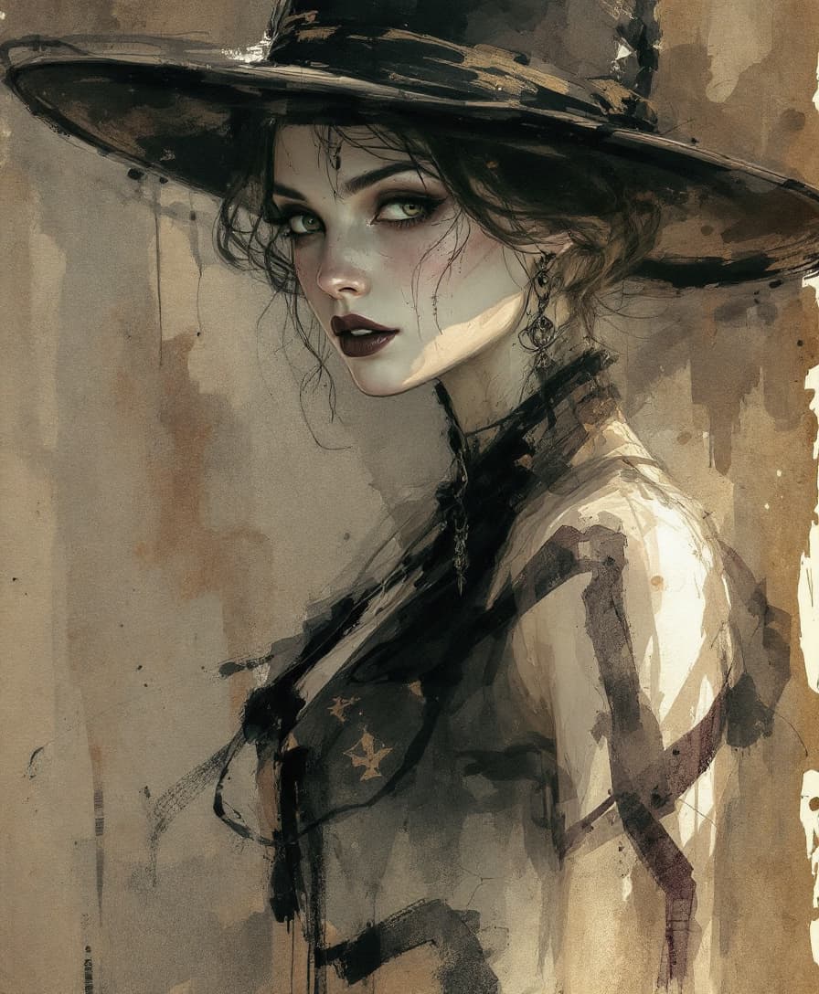AI generated: Southern gothic woman, in old new Orleans with hat clothed in a historical costume, in black, brown ...