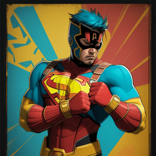 AI generated: an image of a man dressed like a superhero with his fists and arm, in the style of chicano art, dark...