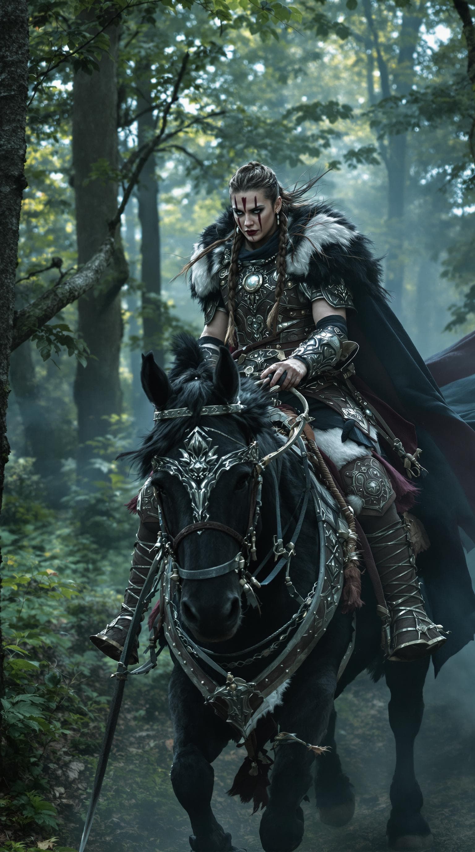 AI generated: A fierce Viking warrior woman riding a powerful black stallion through a dense, misty forest; her lo...