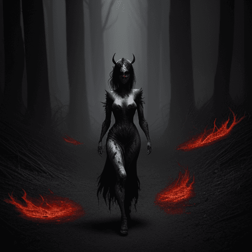AI generated: Imagine a demon woman, the very essence of evil. Her attire is something out of a horror movie, made...