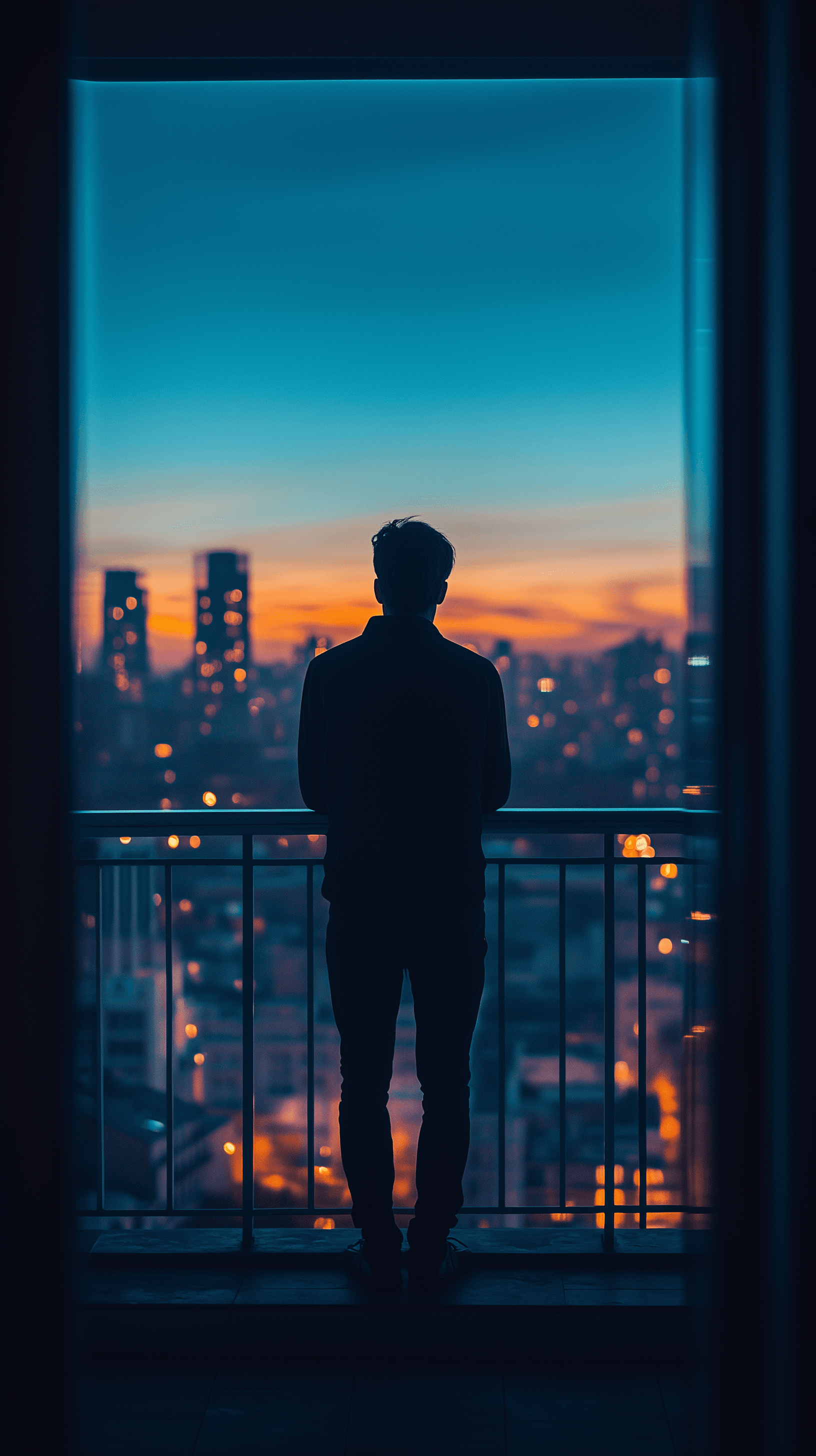 AI generated: photography, solitary man stands at a balcony overlooking a dimly lit city at dusk, glare of the sun...
