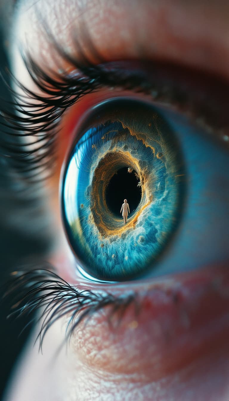AI generated: 22. A surreal, extreme close-up of a woman’s pupil, revealing a miniature portal to another dimensio...