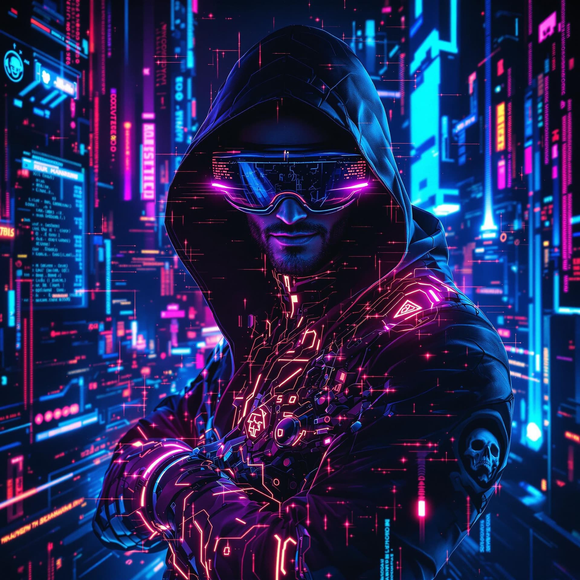 AI generated: (Cyberpunk, futuristic, technomancer, high detail, cinematic lighting, waist-up portrait, neon-lit h...