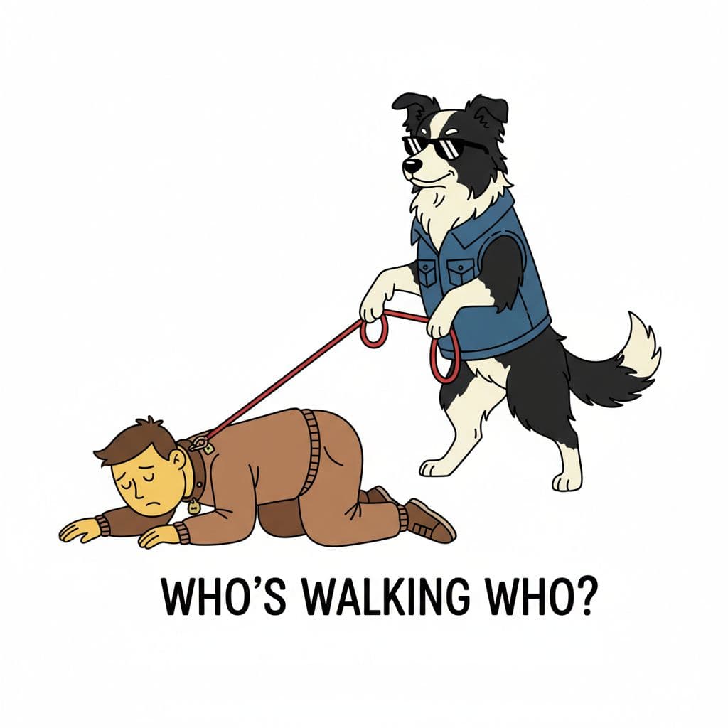 AI generated: Humorous flat vector illustration for a T-shirt. A confident Border Collie dog walking upright on tw...
