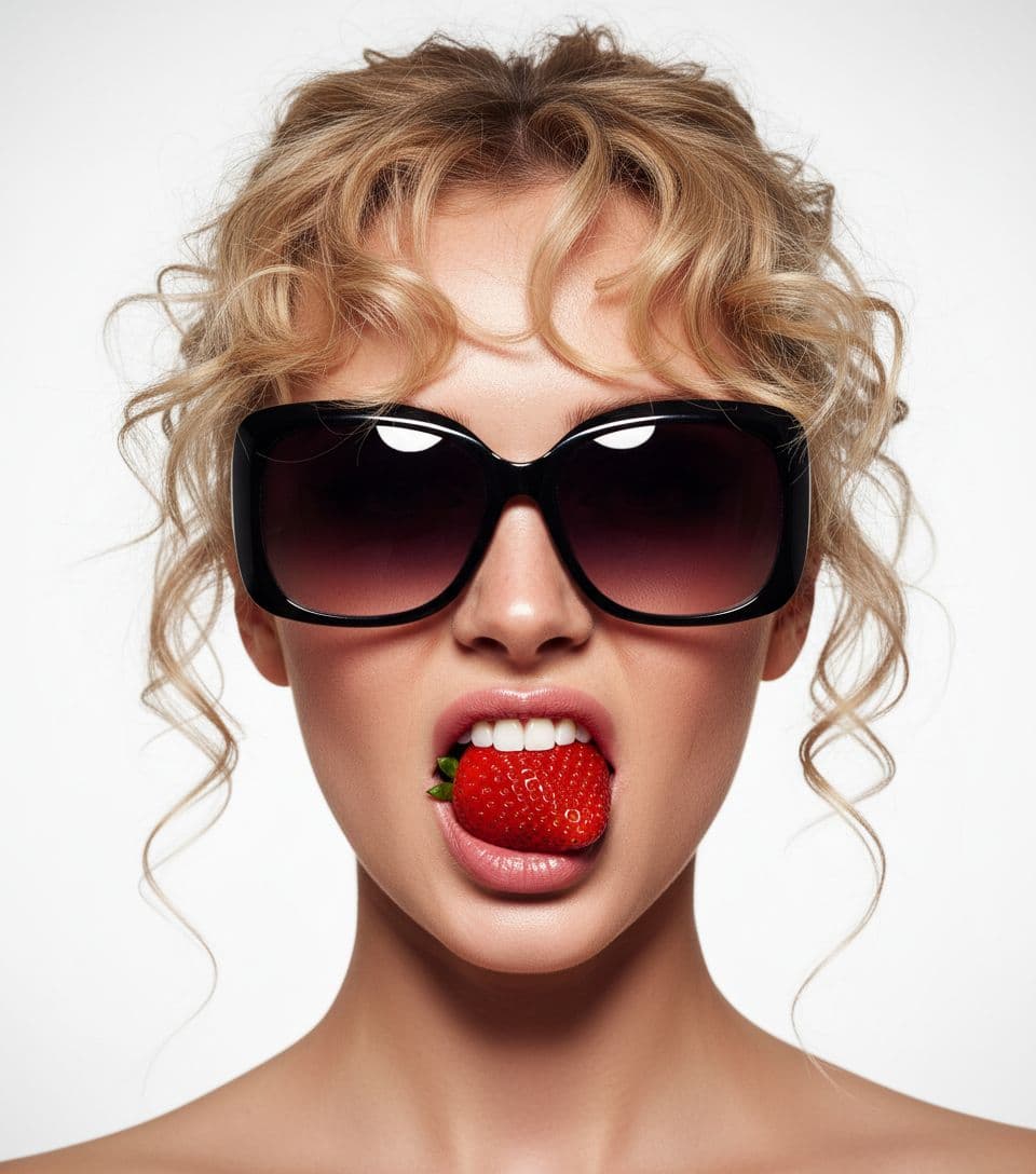AI generated: {
  "subject": {
    "gender": "female",
    "pose": "close-up of face, lips parted biting strawb...