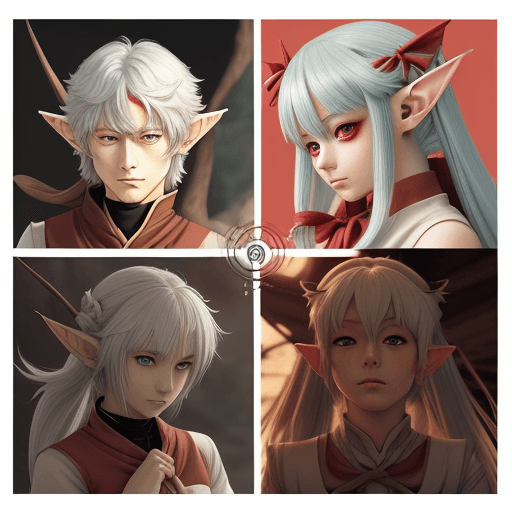 AI generated: Anime art of young adult elf, with small pointed ears, holding a bow. Red eyes, Gintoki inspired clo...