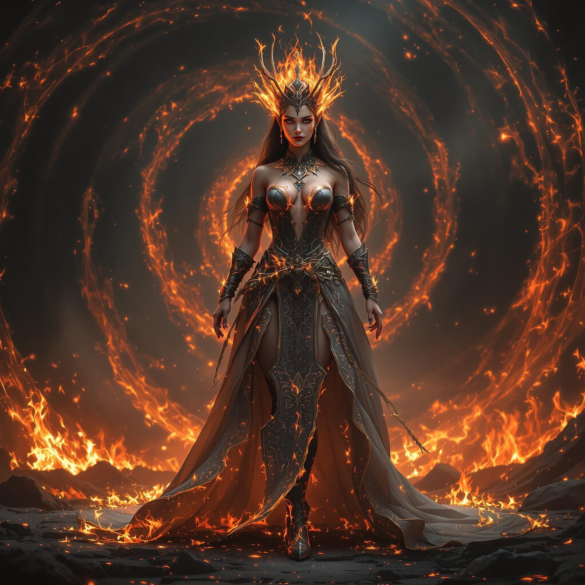 AI generated: young beautiful Queen of the fire standing on ground in spiral flame fog background, glorious, full ...