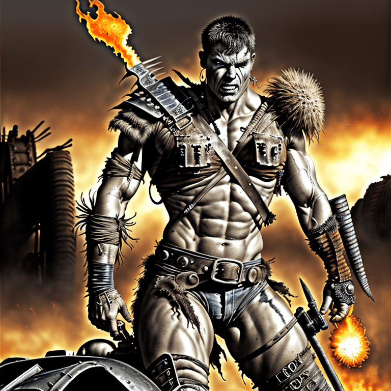 AI generated: mad max post apocalyptic  warrior, strong, muscular, flames, 8k, ultra realistic, vivid realistic li...