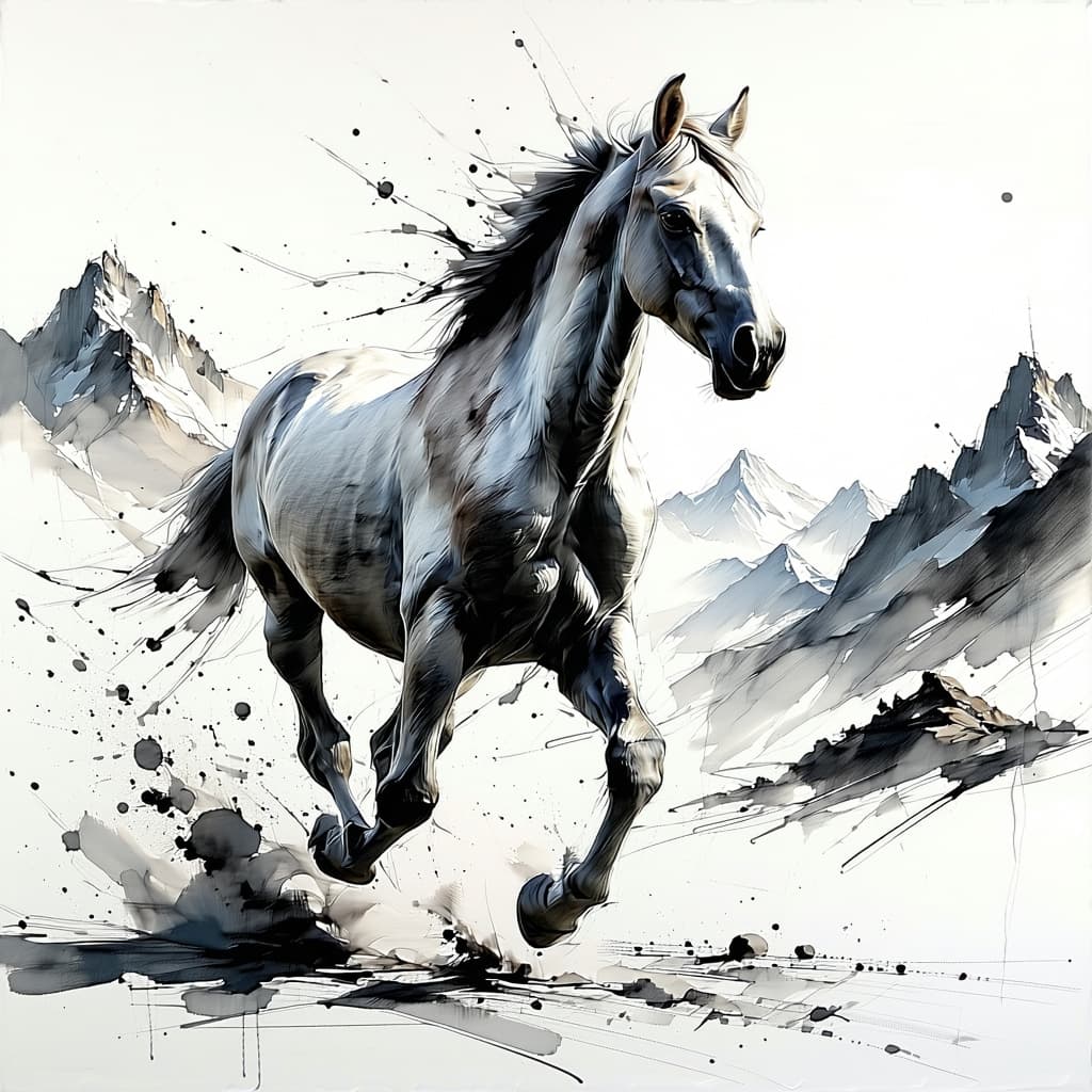 AI generated: a pencil drawing of a running horse, with mountains in the background, in the style of bold, gestura...