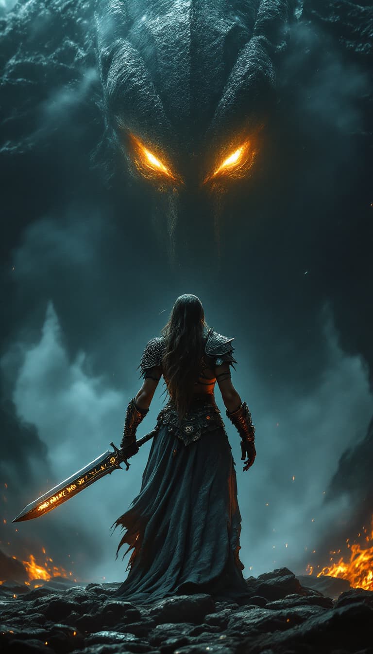 AI generated: In this captivating dark fantasy cinematic photo, a powerful barbarian woman dressed in light chainm...