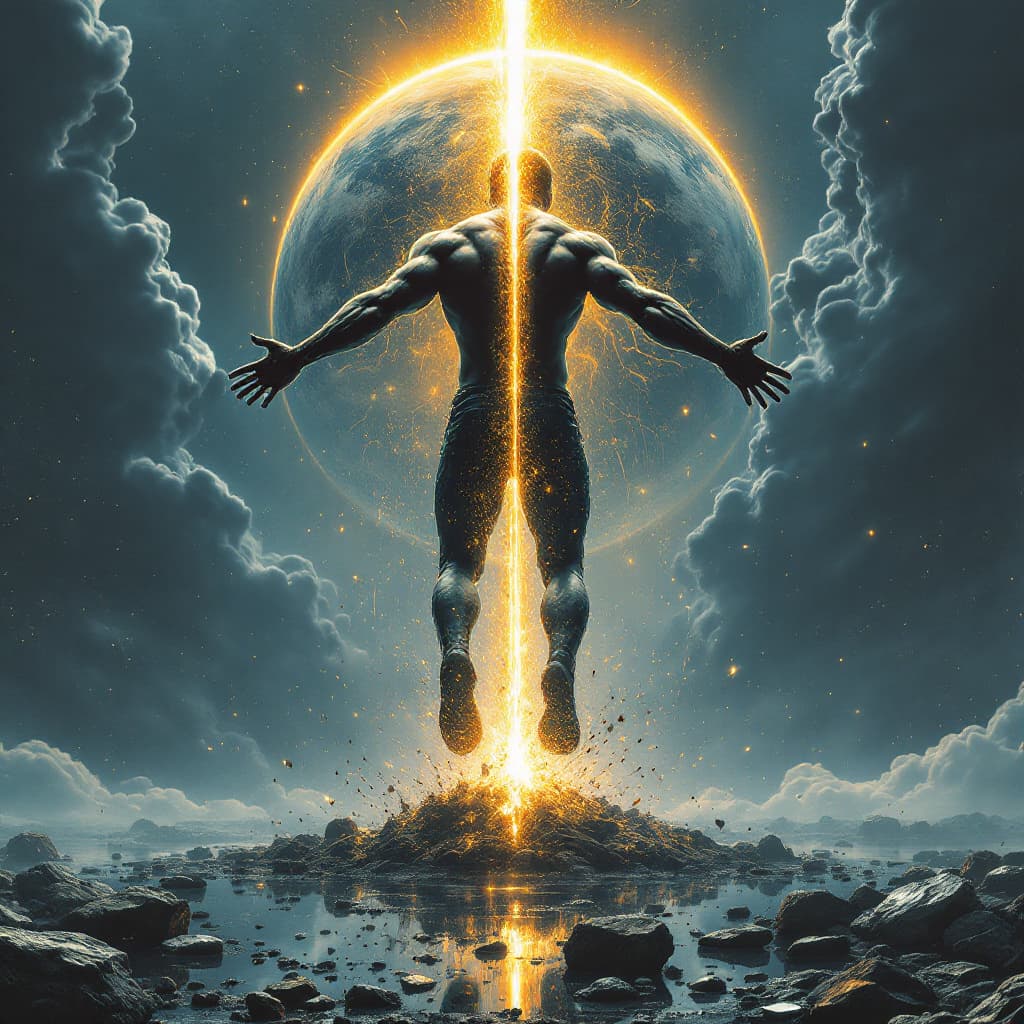 AI generated: Darkwave, synthwave,  epic music album cover. It portrays a close up of a floating very muscular per...