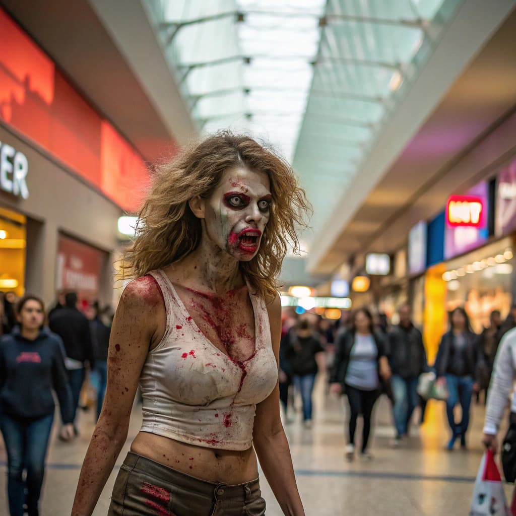 AI generated: **Prompt:**

"Create a vivid scene featuring a rabid zombie woman characterized by her fierce hung...