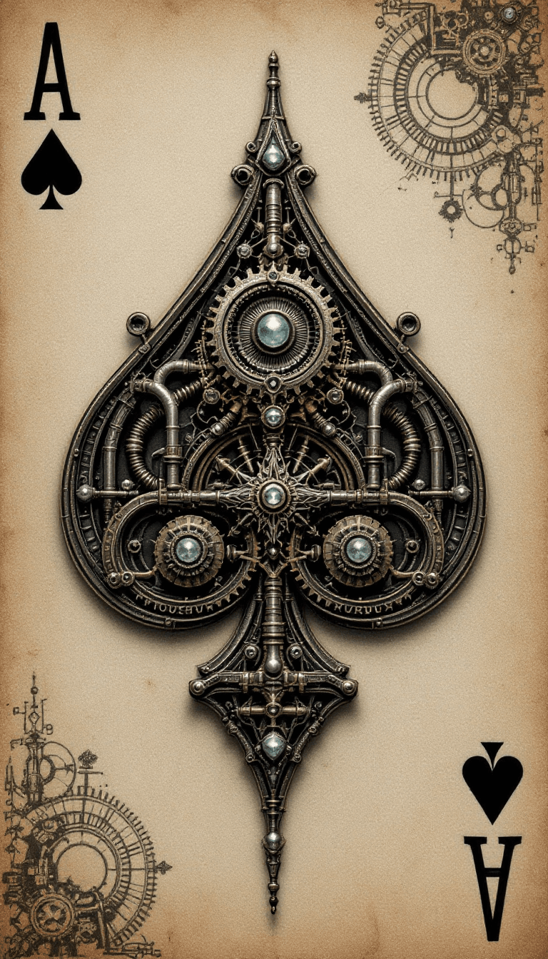 AI generated: Design a steampunk Ace of Spades playing card. The centrepiece should be an intricate spade emblem m...