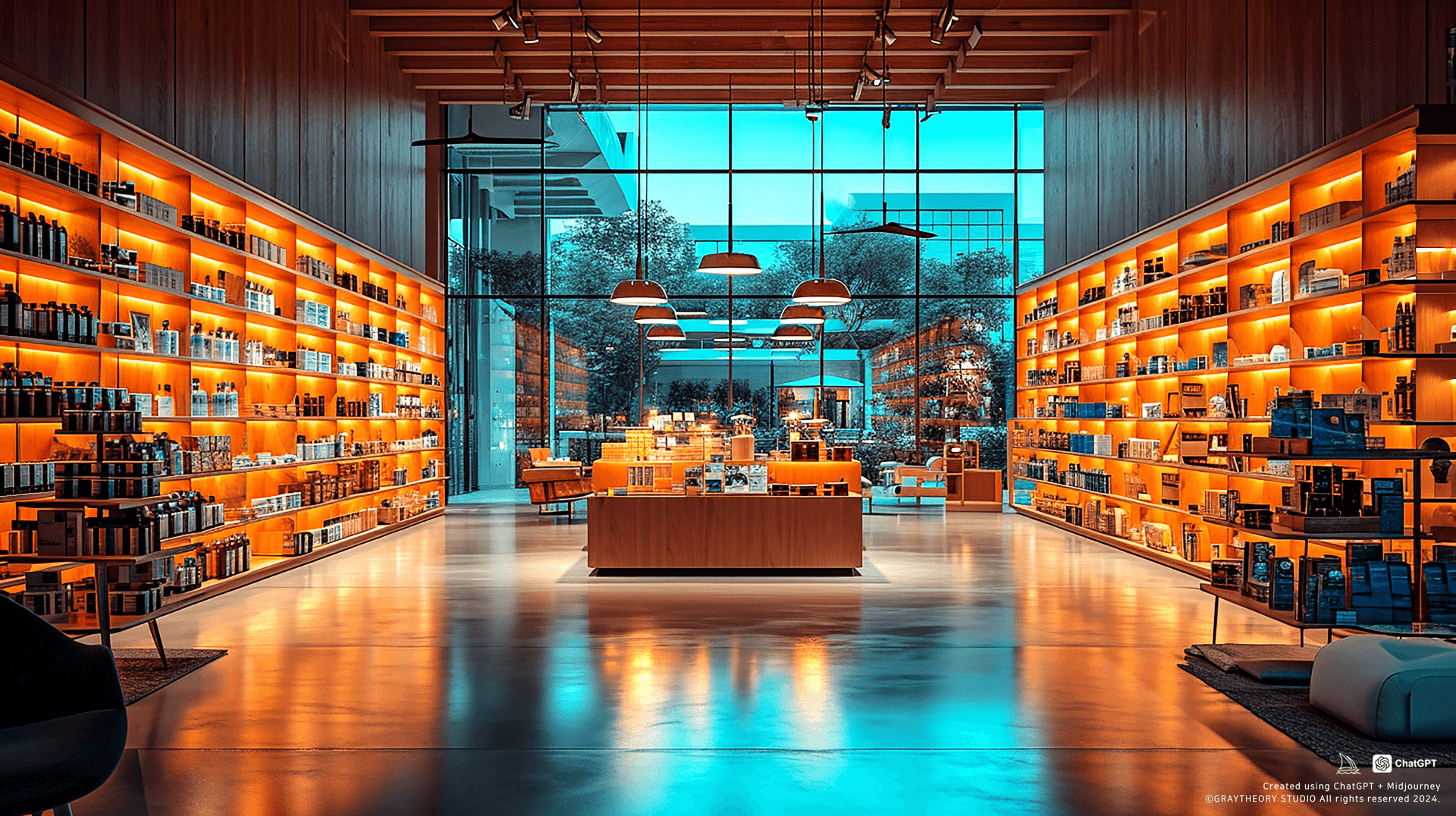 AI generated: Boutique retail shop with a wide angle, Vitra shelves, Louis Poulsen PH5 pendant lamps, Sony A7R IV,...