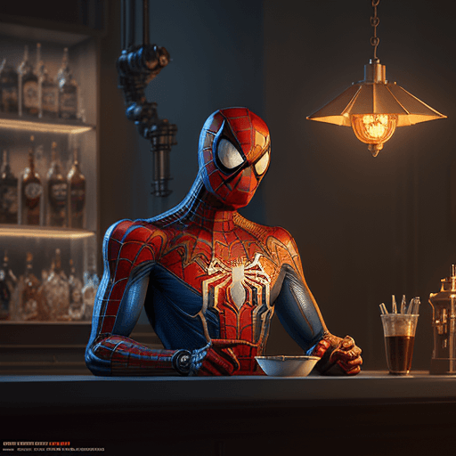 AI generated: a Spiderman steampunk robot, bar lighting serving coffee and chips, highly detailed, digital paintin...
