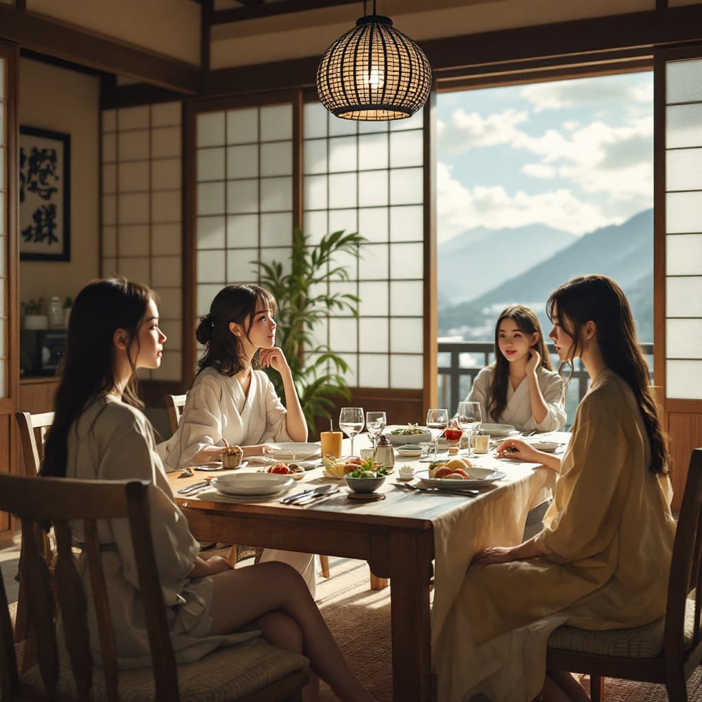 AI generated: a  japanese house, four beautiful girls sitting at the dinner table, realistic faces, realistic hand...