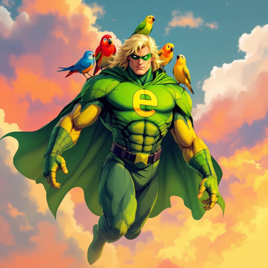 AI generated: A superhero who flies with a green cape, lots of muscles, and big capital letter E on his chest know...