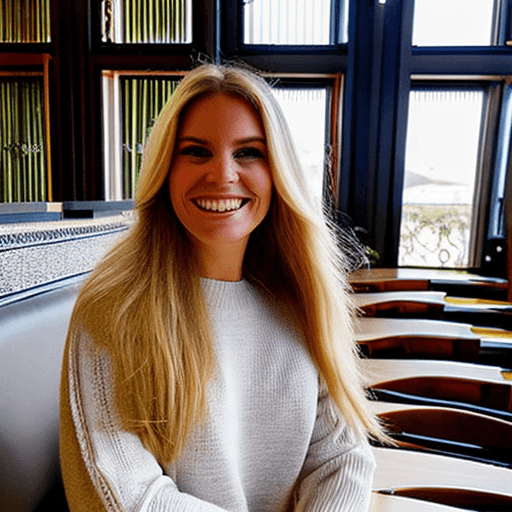 AI generated: iphone photo woman, long blonde hair, leans on a table in a restaurant, blue eyes, perfect eyes, gor...