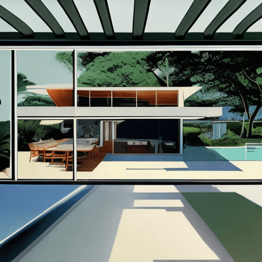 AI generated: Hyper realistic eye level exterior photo of a mid century modern style house overlooking the ocean, ...