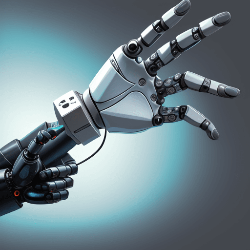AI generated: Robot hand reaching out to touch a virtual reality Microphone