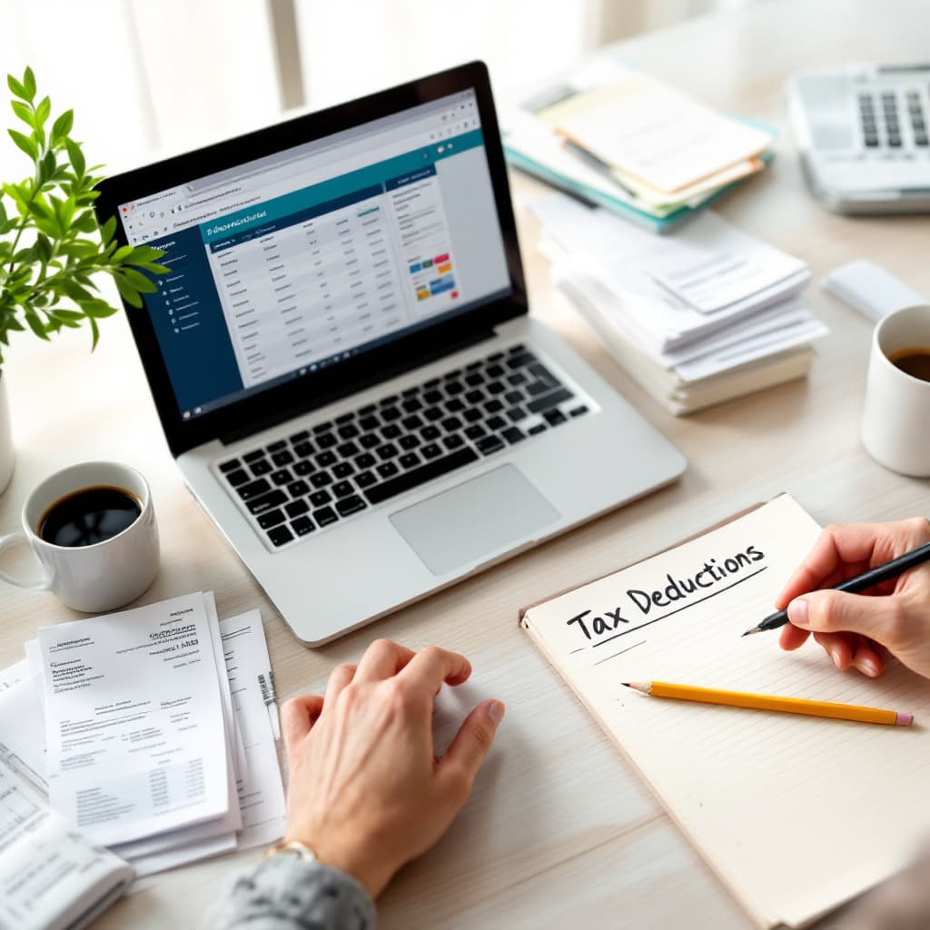 AI generated: A brightly lit desk with a laptop displaying a tax preparation software interface, stacks of organiz...