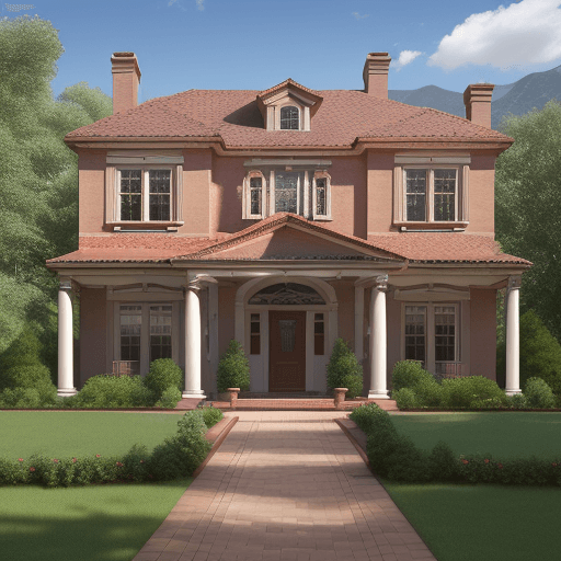 AI generated: Realistic photo. A two-story house in a classic English style. The main entrance is adorned with col...