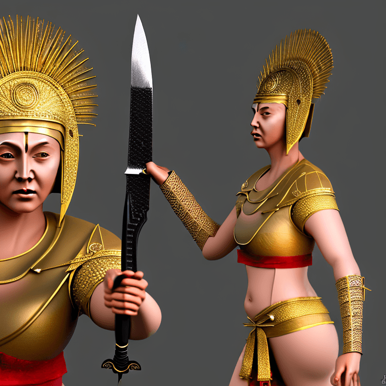 AI generated: Ultra detailed malay woman face with a sharp sword, ultra details faces skin with ultra detail blond...
