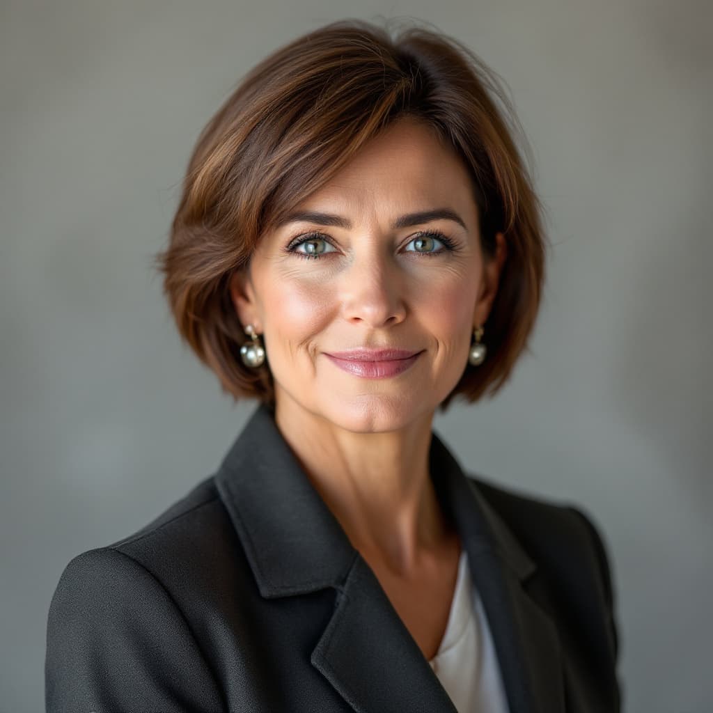 AI generated: realistic, professional looking woman in her late fourties, brown short hair, smart looking, facing ...