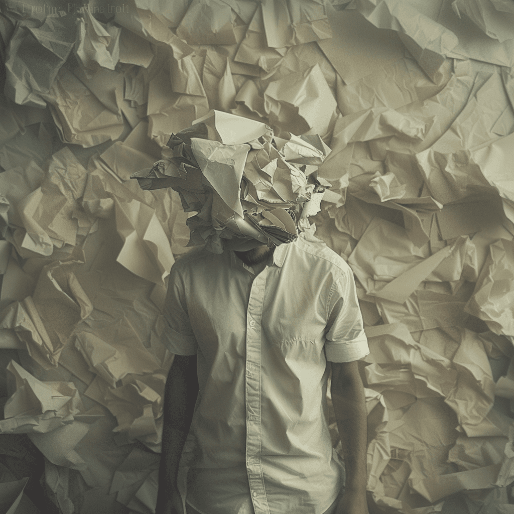 AI generated: a man covered in crumpled paper against a background of crumpled paper, in the style of mind-bending...